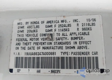 2007 Acura Tl 3.2 from USA, damaged, VIN 19UUA66247A000681